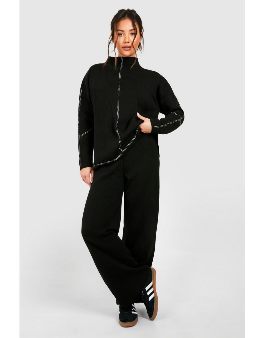 Contrast Seam Detail Fine Guage Knitted Co-ord - black
