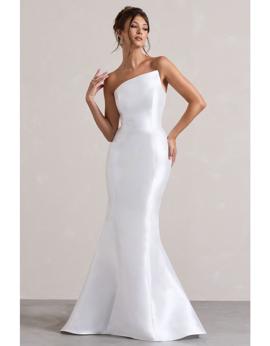 Define | White Satin Asymmetric Fishtail Maxi Dress