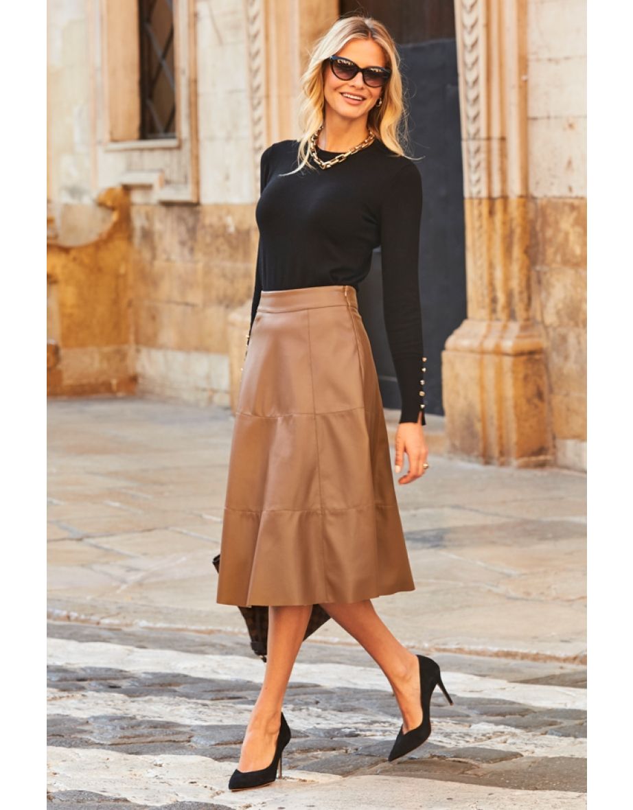 Shop Tan Faux Leather Panelled A Line Midi Skirt Online in Oman VogaCloset