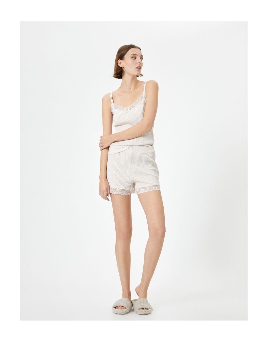 Pajama Top Thin Strap Lace Detail Ribbed