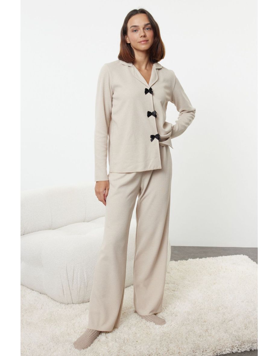 Beige Solid Bow Waffle Knitted Pajama Set