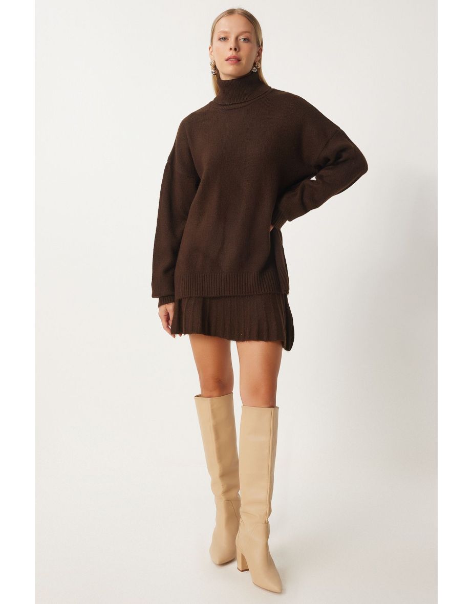 Women's Brown Turtleneck Knitwear Sweater Skirt Set