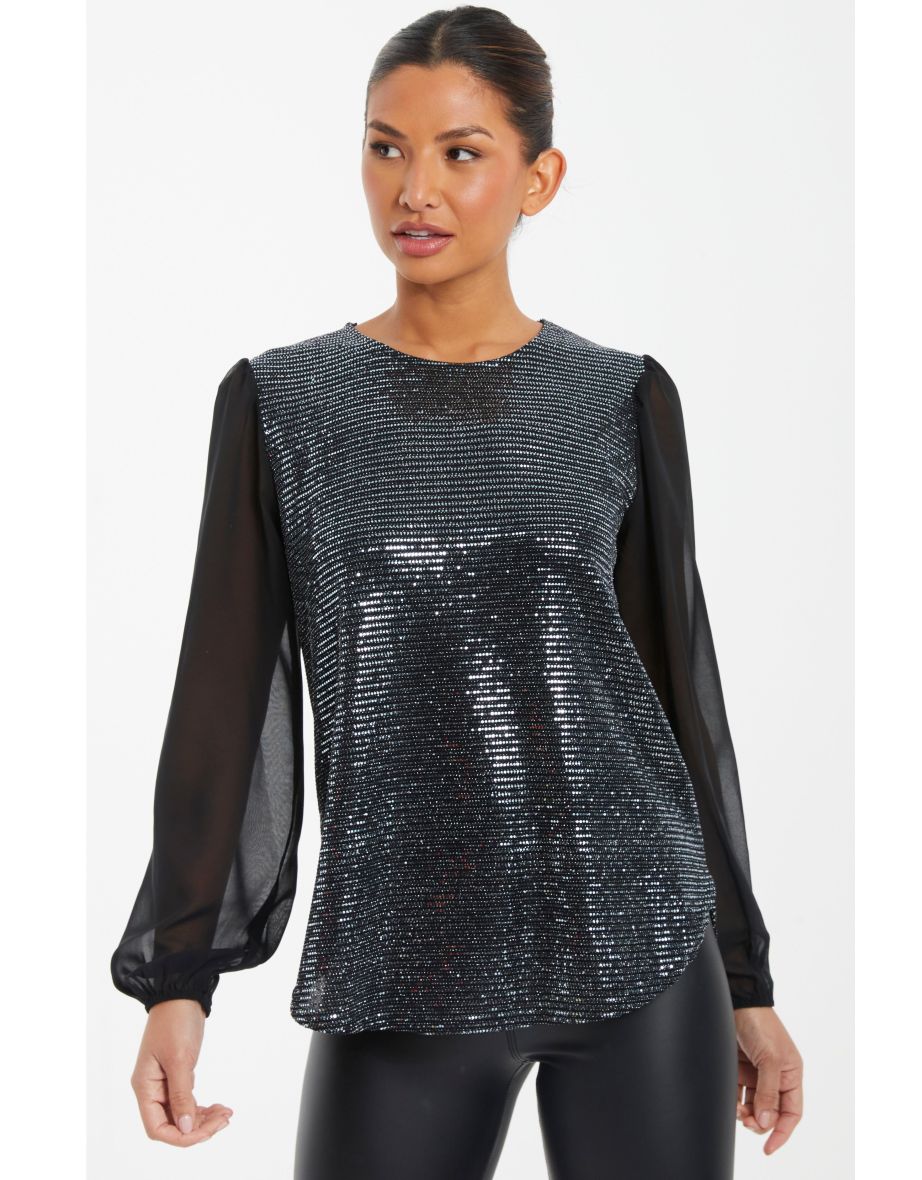 Shop Silver Sequin Chiffon Top Online in Oman VogaCloset