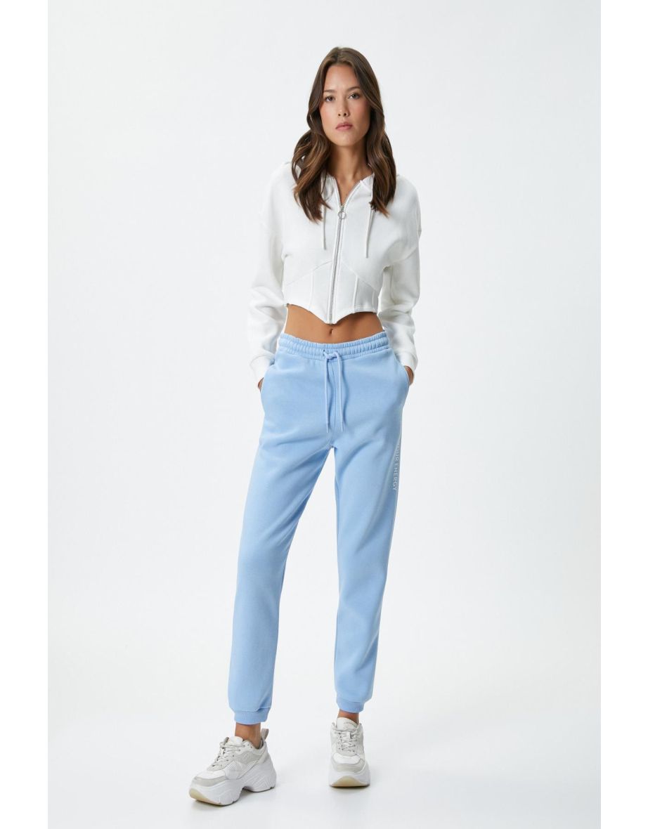 Shop Jogger Comfortable Cut Sweatpants with Pockets Print Detail Tie Waist Cotton Blend Blue Online in Bahrain VogaCloset