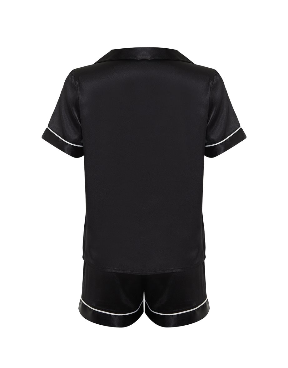 Black Piping Detailed Satin Woven Pajamas Set - 7