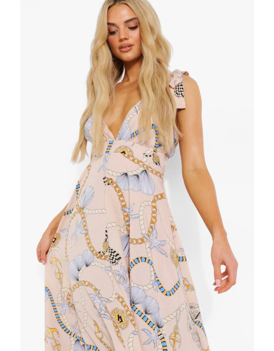 Nautical Print Tie Shoulder Plunge Maxi Dress - stone - 3