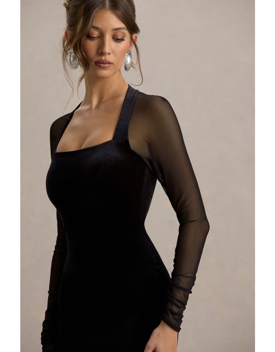 Off-Piste | Black Velvet Bodycon Mini Dress With Sheer Sleeves - 5
