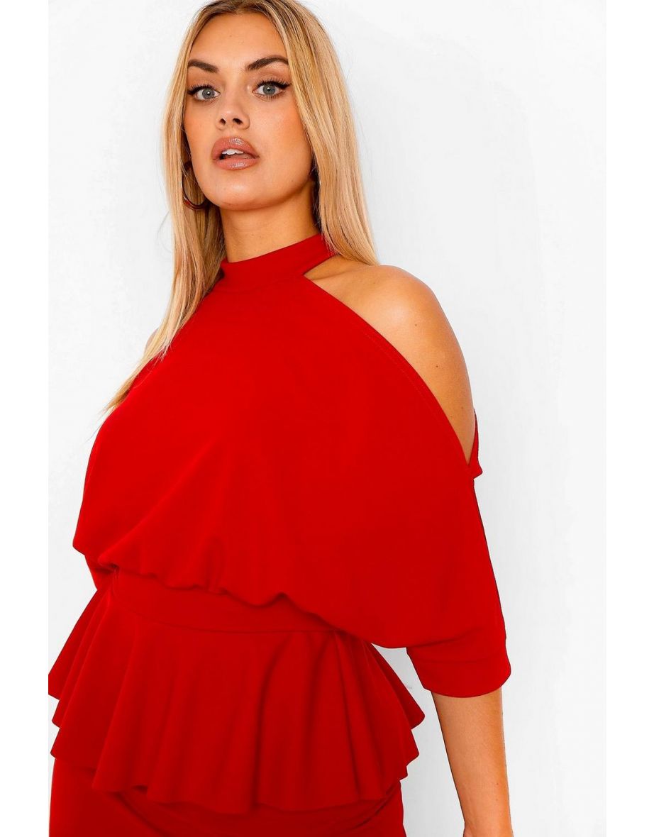 Plus Open Shoulder Peplum Midi Dress - red - 3