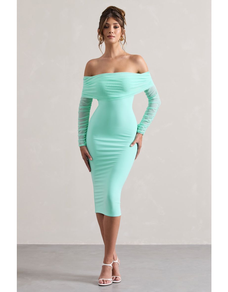 Only You | Mint Ruched Mesh Bardot Midaxi Dress