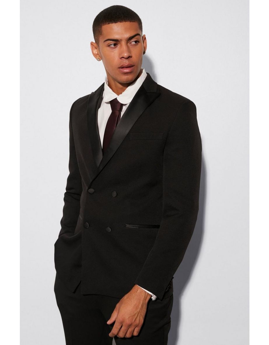 Skinny Double Breasted Tuxedo Suit Jacket - black