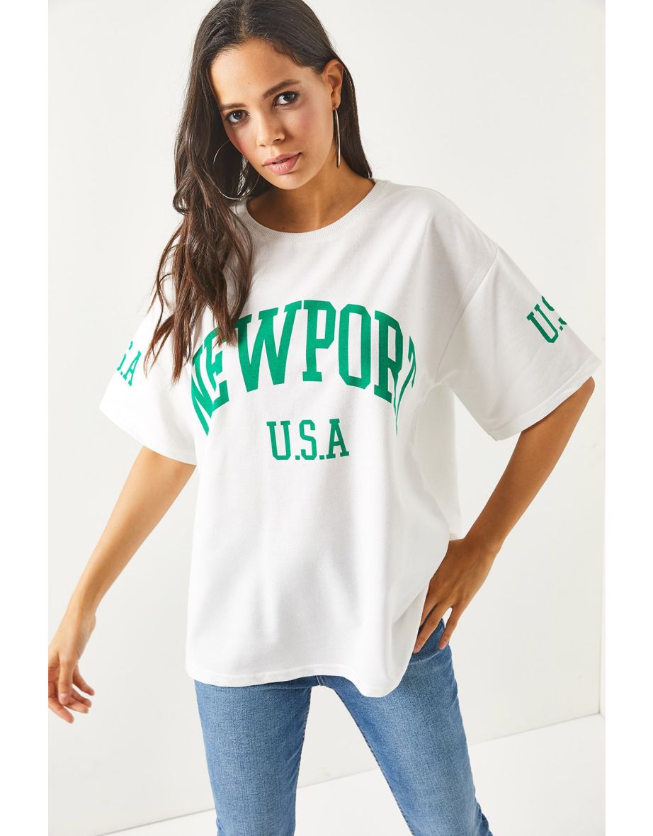 Women's Newport White Front Back Printed 2 Threads Unisex Oversized T-Shirt