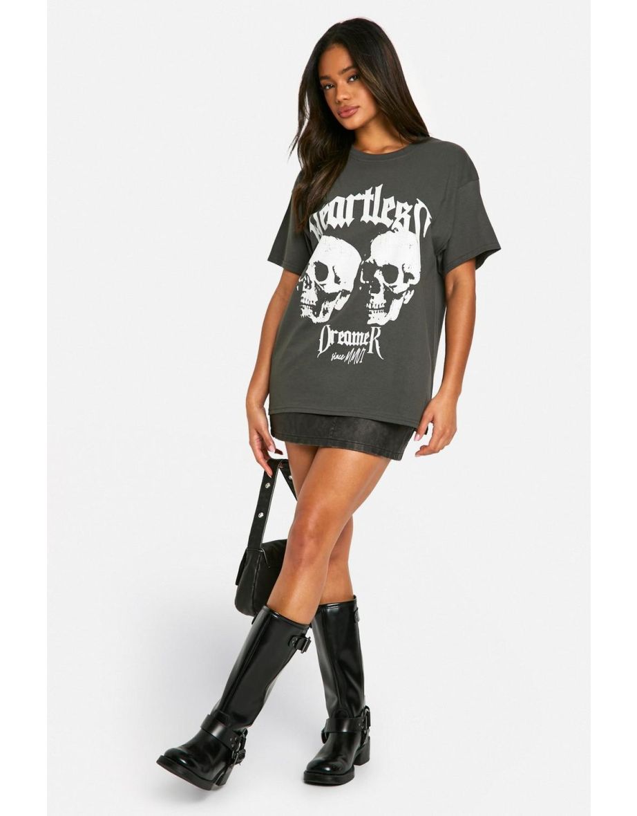 Heartless Dreamer Skull Print Oversized T-shirt - charcoal
