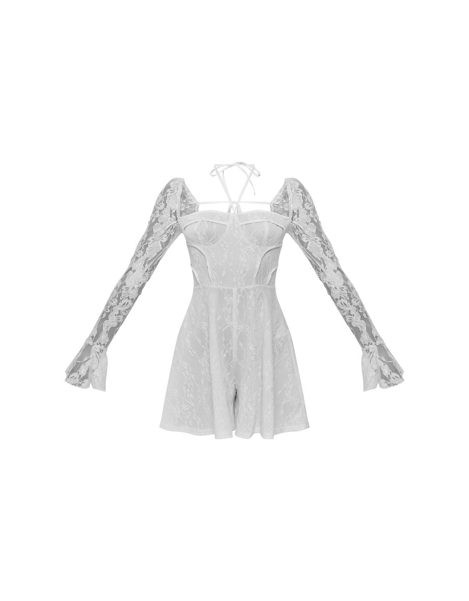 White Floral Mesh Long Sleeve Square Neck Playsuit - 4