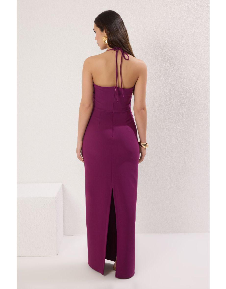 Plum Rose Detailed Woven Long Elegant Evening Night Graduation Dress - 3