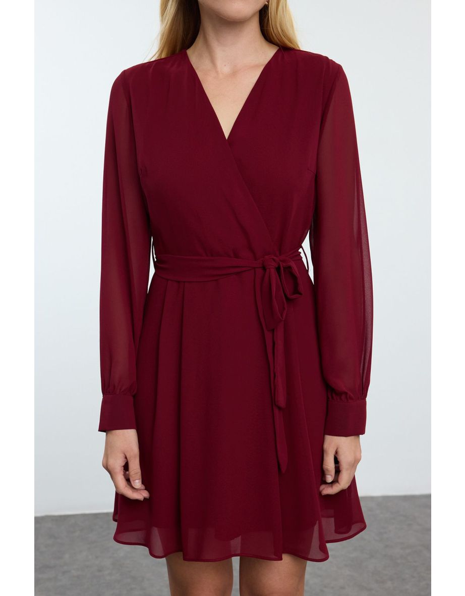 Burgundy Belted Flounce Skirt Chiffon Mini Woven Dress - 4