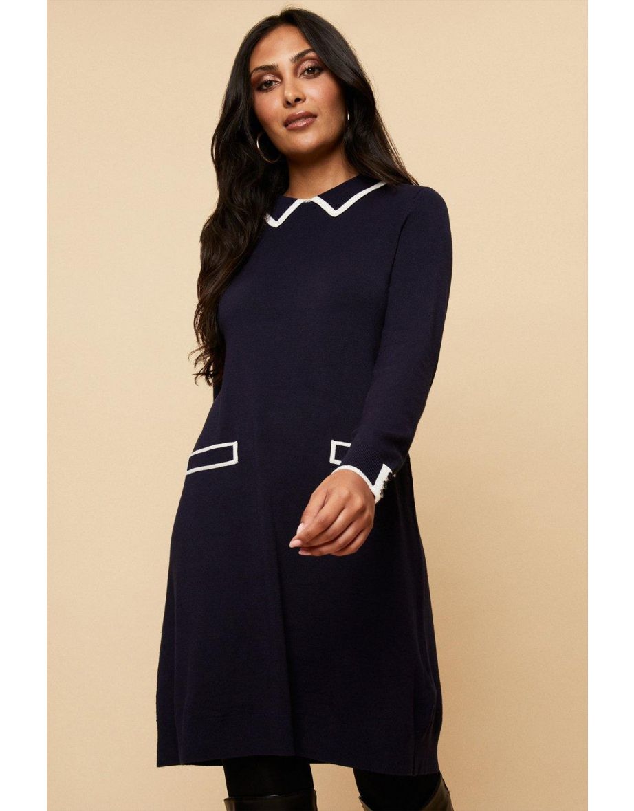Petite Navy Tipped Collar Swing Dress