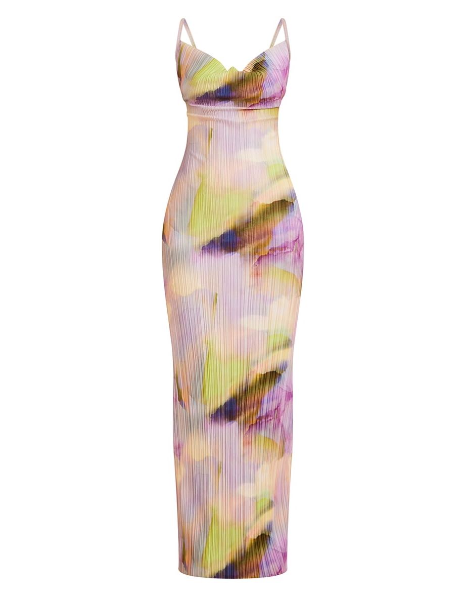 Multi Watercolour Plisse Strappy Maxi Dress - 4