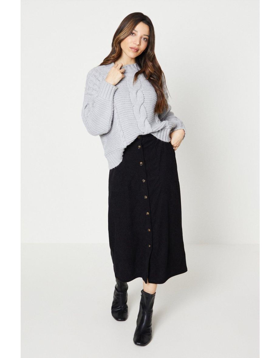 Cord Button Front Midi Skirt