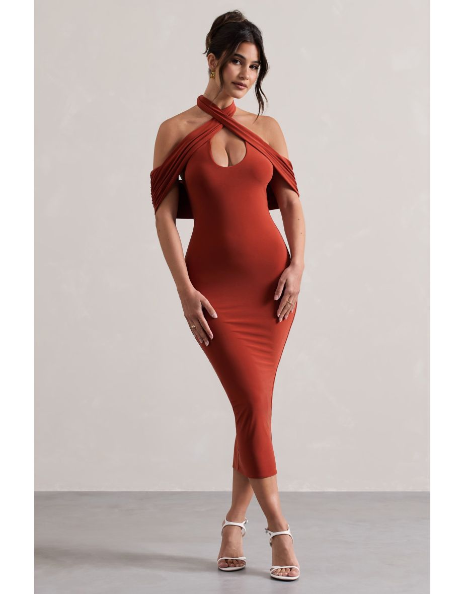 Connect | Terracotta Bodycon Halter-Neck Midi Dress With Cut-Out