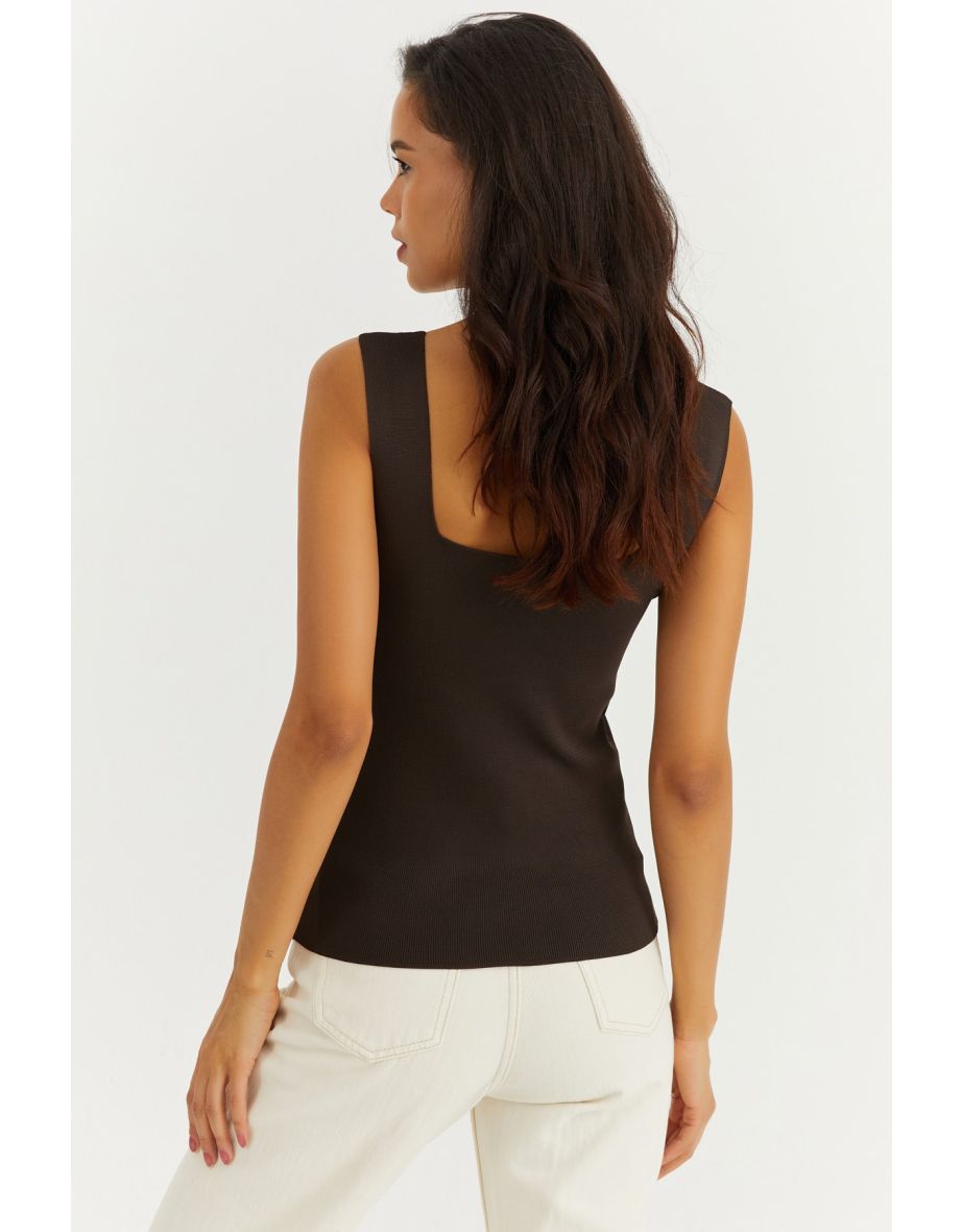 Women's Brown Square Collar Knitwear Blouse - 4