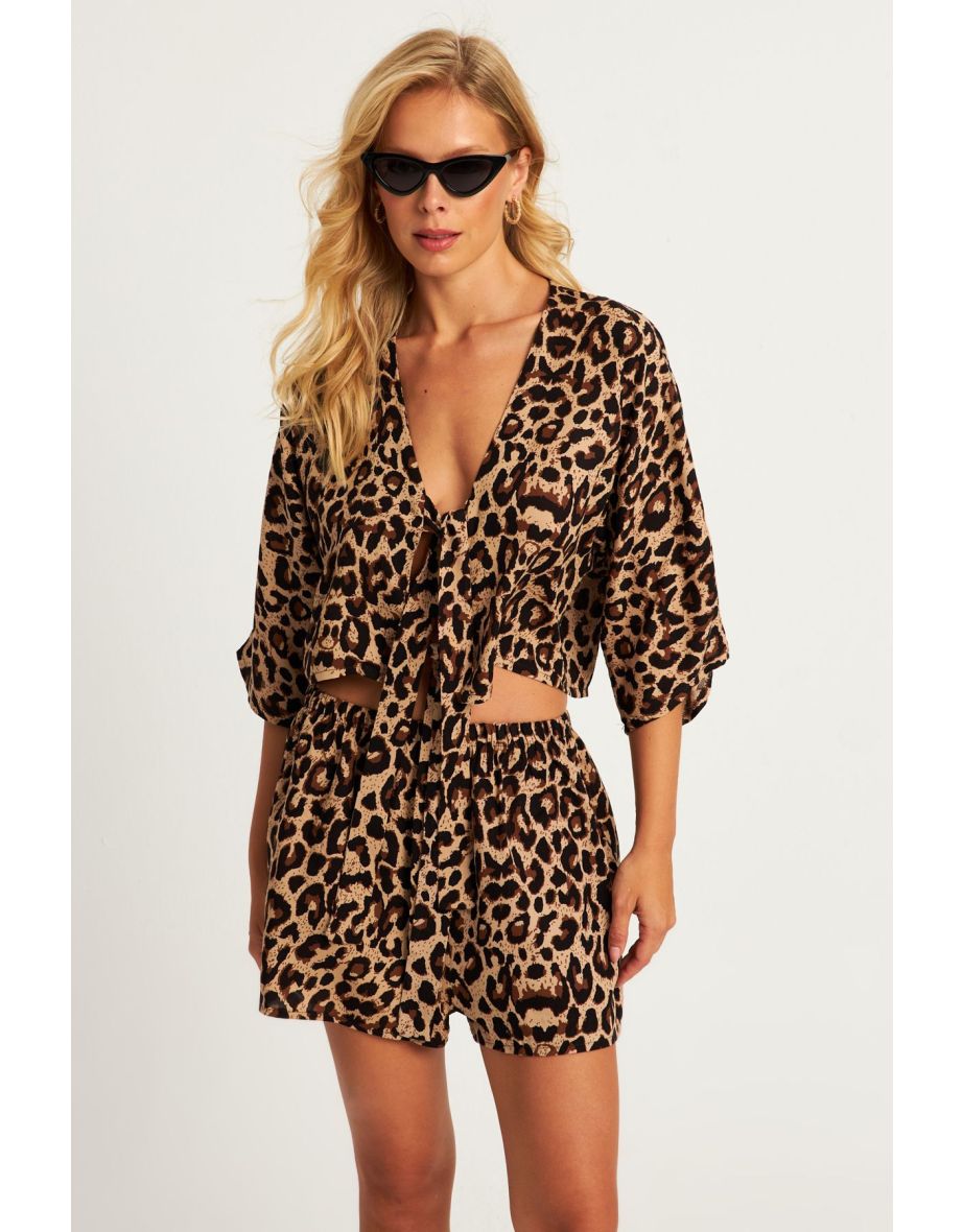 Women's Camel-Black Leopard Shorts Set