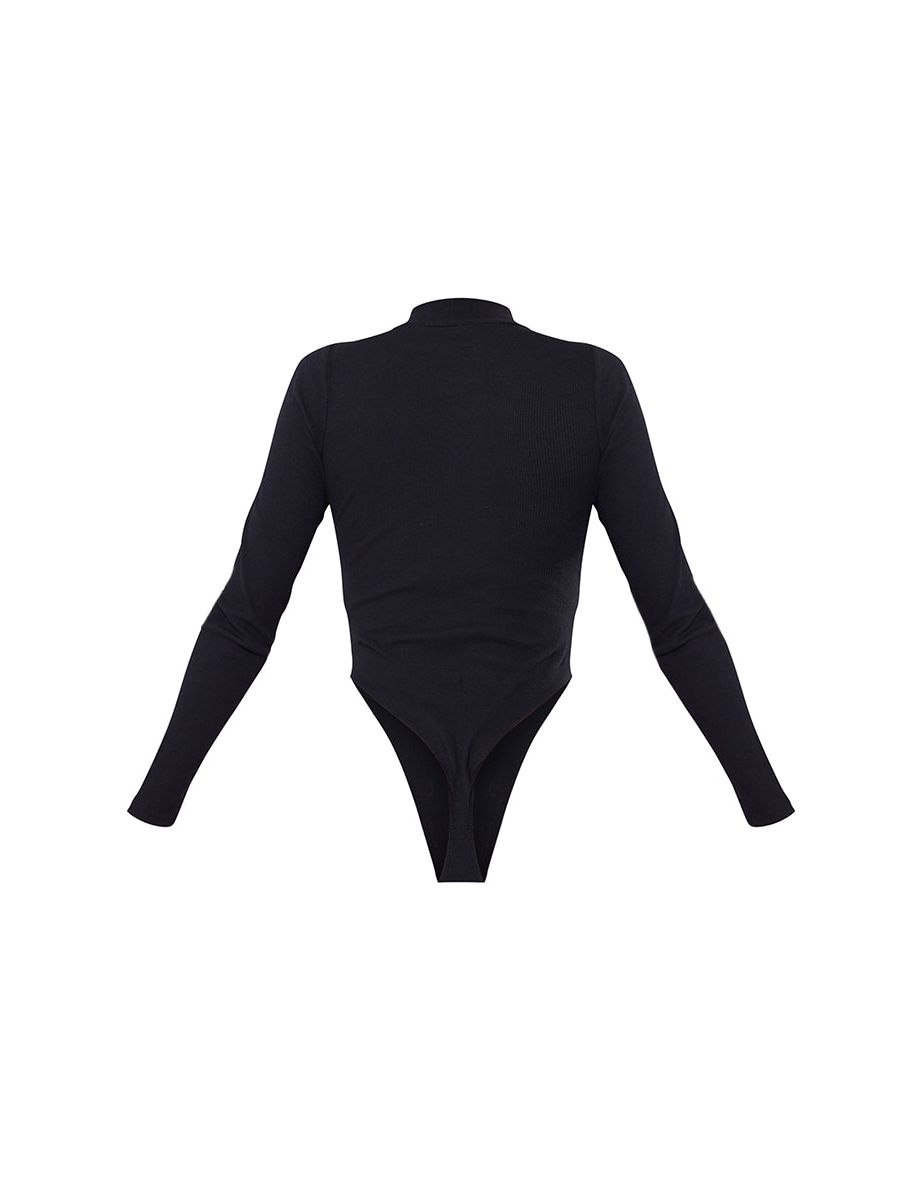 Recycled  Black Rib High Neck Long Sleeve Bodysuit - 4