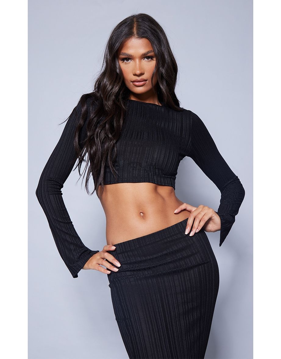 Black Textured Rib Long Sleeve Crop Top