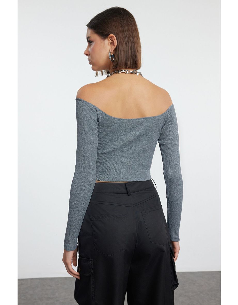 Dark Gray Fitted Super Crop Carmen Collar Ribbed Stretch Knitted Blouse - 4