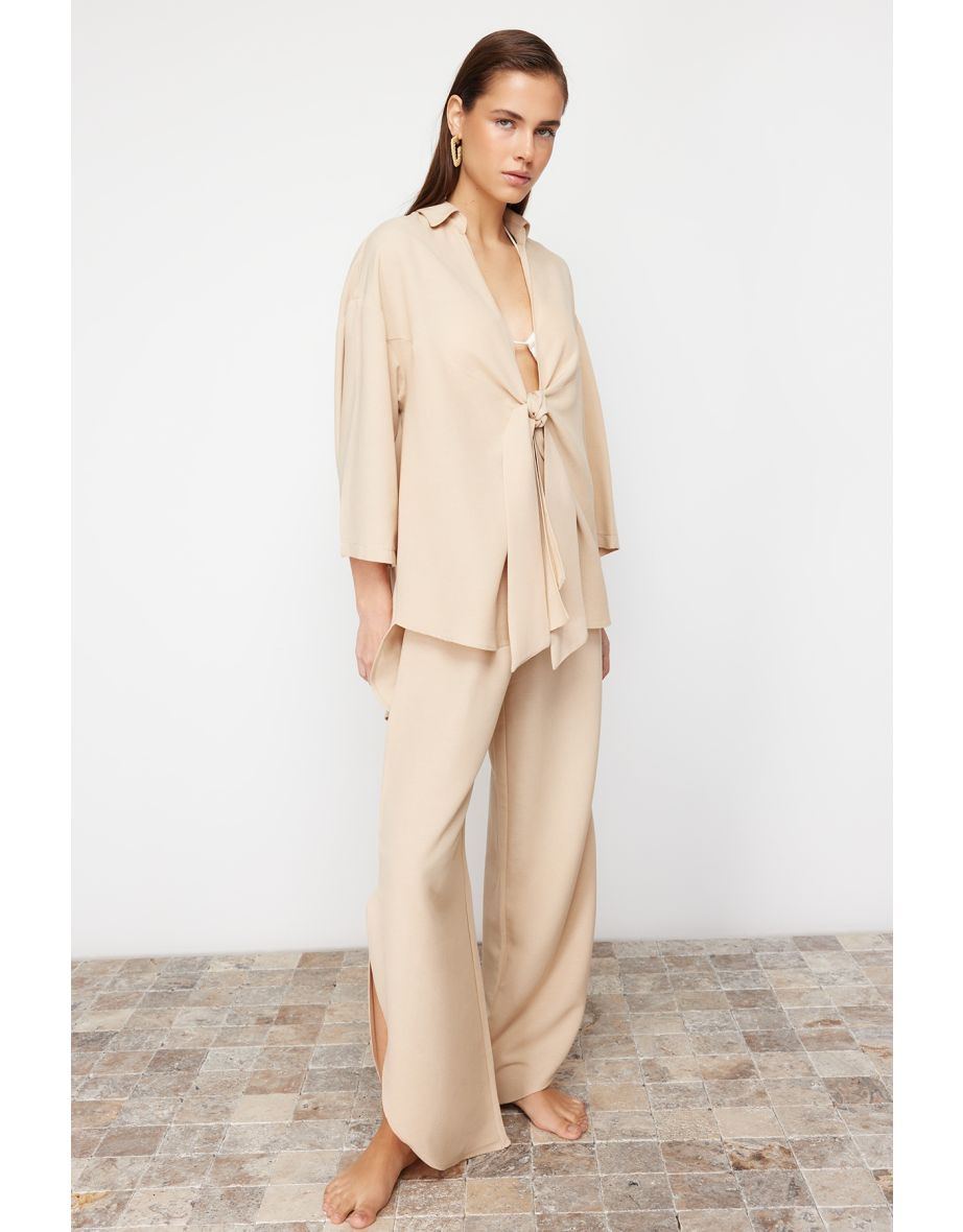 Khaki Woven Tied Linen blended Shirt Pants Set - 7