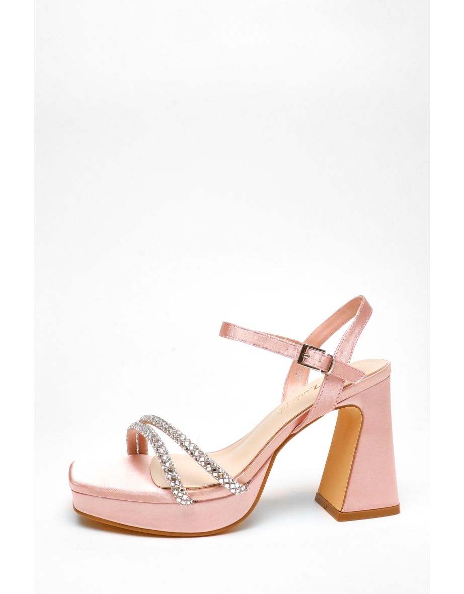 Wide Fit Light Pink Diamante Platform Heeled Sandals - 4