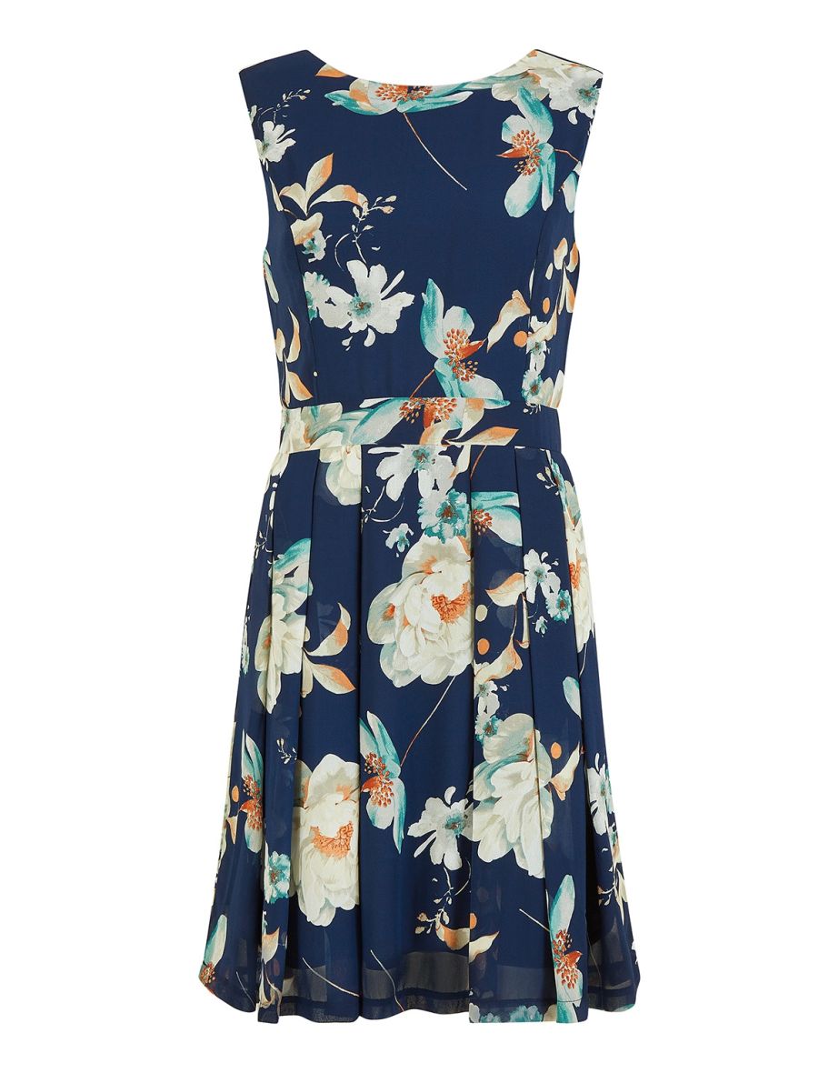 Blue Floral Chiffon A-Line Midi Skater Dress - 5