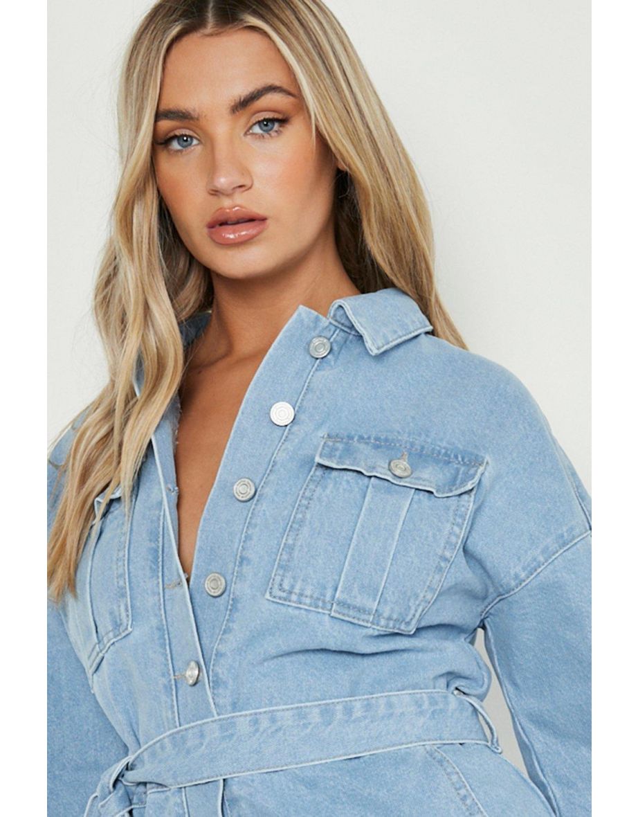 Belted Rigid Denim Boiler Playsuit - light wash - 3