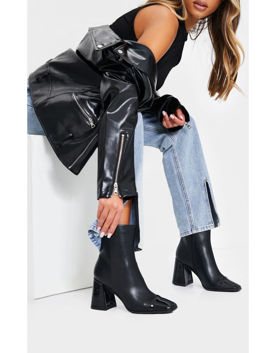 Shop Black Square Toe Mid Flare Block Heels Ankle Boots Online in Bahrain VogaCloset