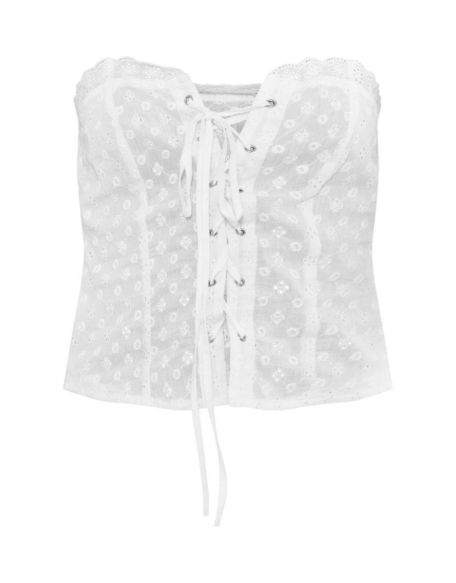 White Broderie Lace Up Front Longline Corset - 4