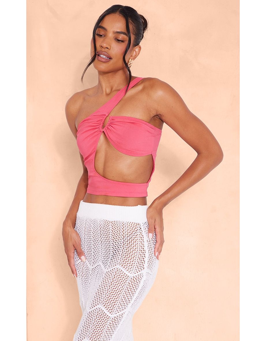 Hot Pink Stretch Woven Cut Out Ring Detail Asymmetric Crop Top