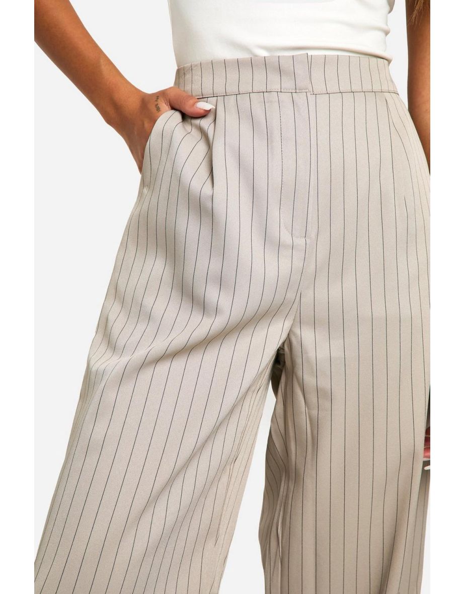 Tonal Pinstripe Relaxed Fit Wide Leg Trousers - stone - 3