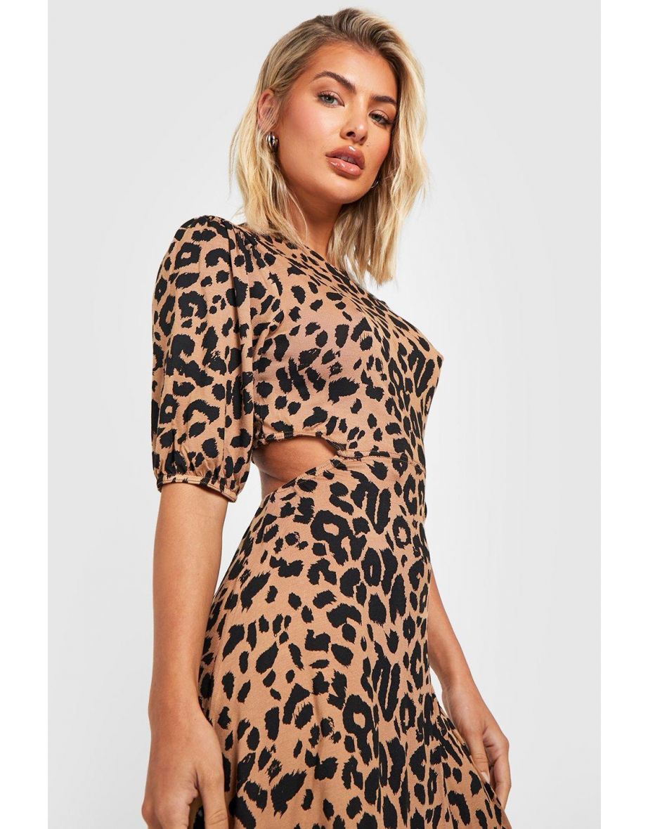 Leopard Puff Sleeve Cut Out Smock Dress - brown - 3