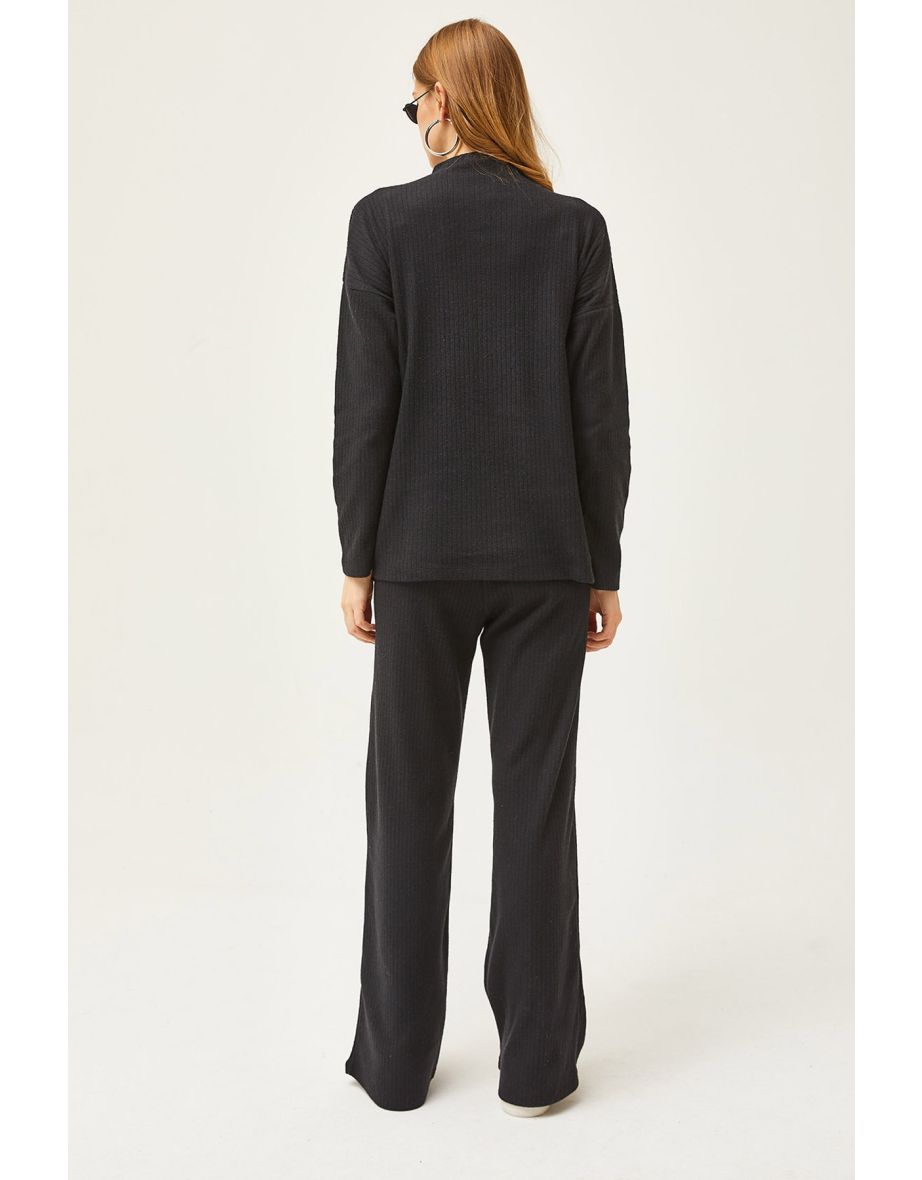 Women's Black Bottom Pocket Trousers Top High Collar Blouse Raised Suit - 6