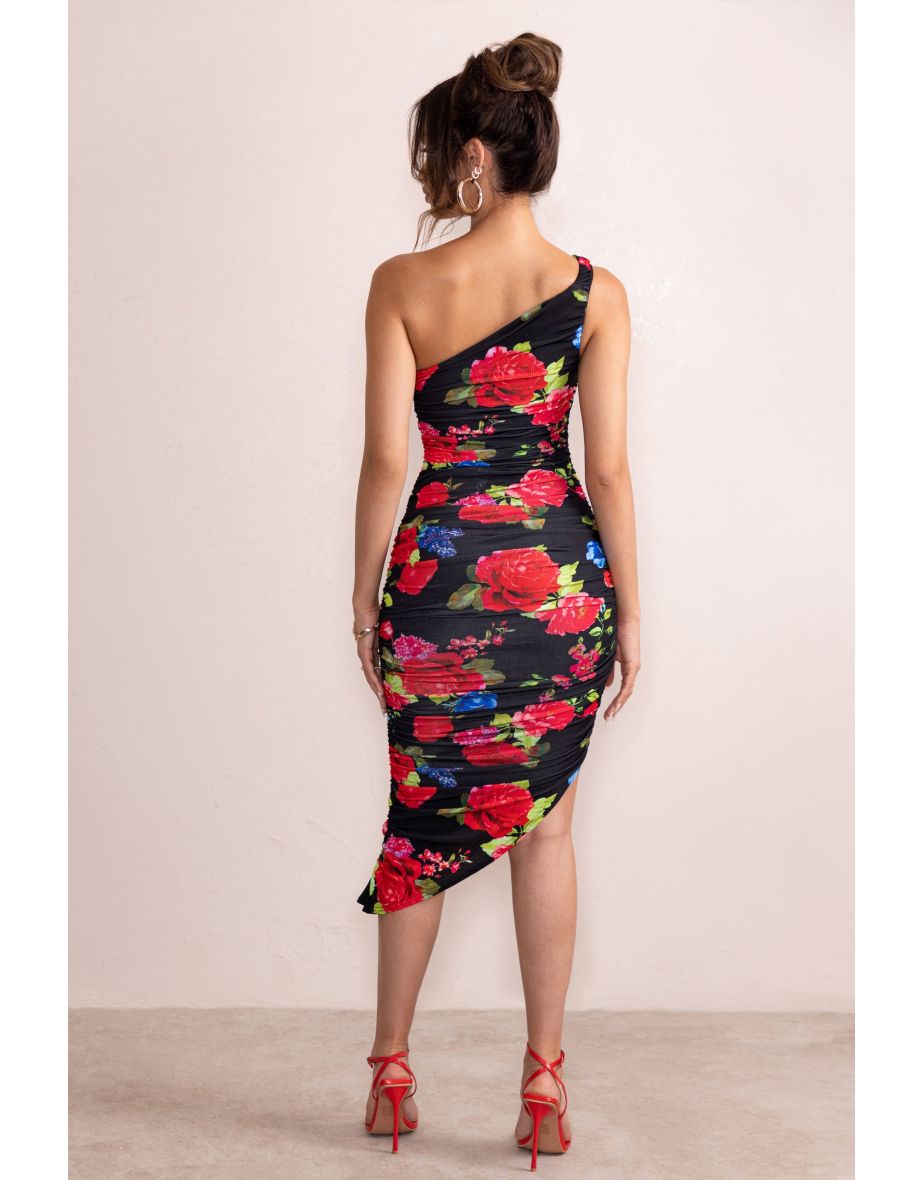 Late Night | Black Floral Print Asymmetric One Shoulder Ruched Midi Dress - 4