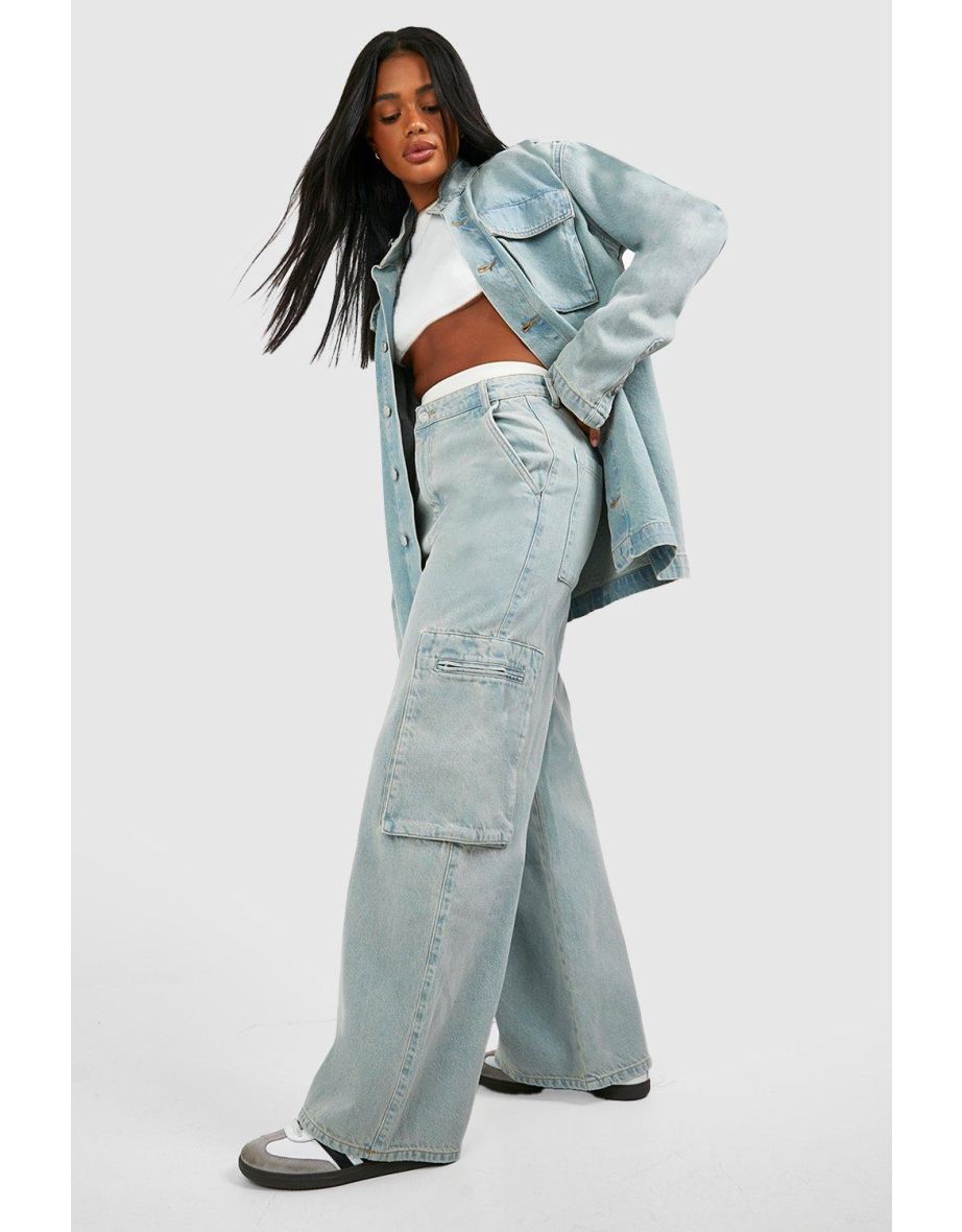 Zip Cargo Pocket Wide Leg Jeans - bleached blue