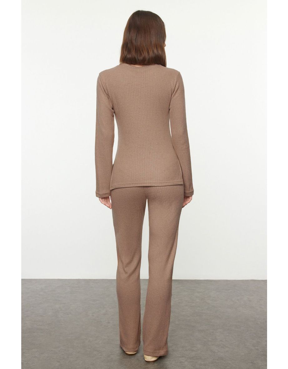Camel Side Slits Regular/Normal Cut Crew Neck Knitted Bottom-Top Set - 5