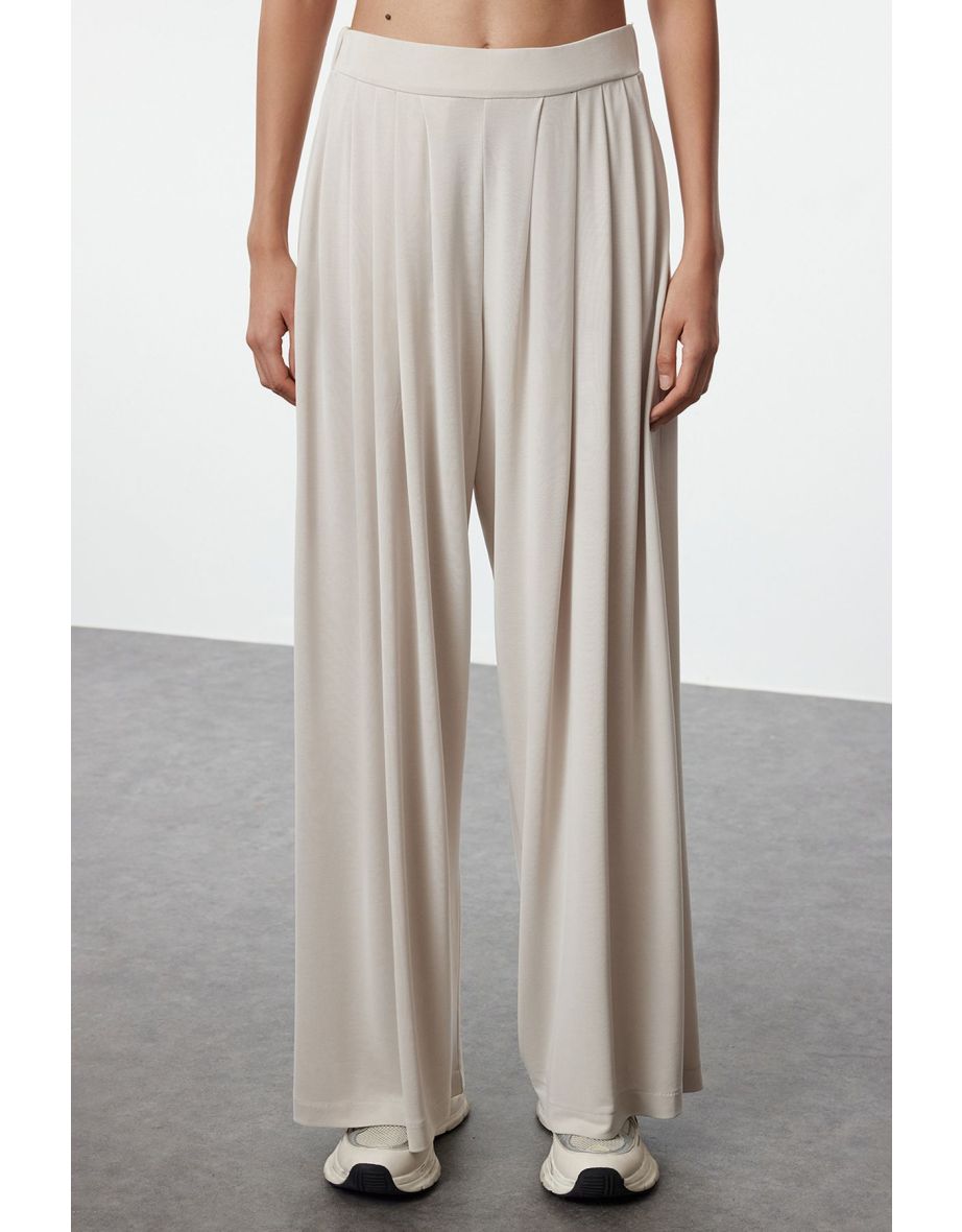 Stone Modal Soft Fabric Wide Leg Pleated Knitted Trousers - 4