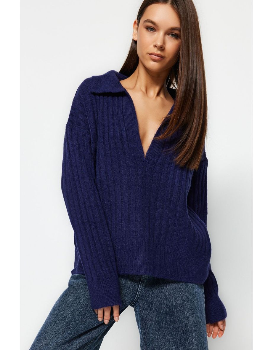 Navy Blue Soft Textured Polo Collar Knitwear Sweater - 7
