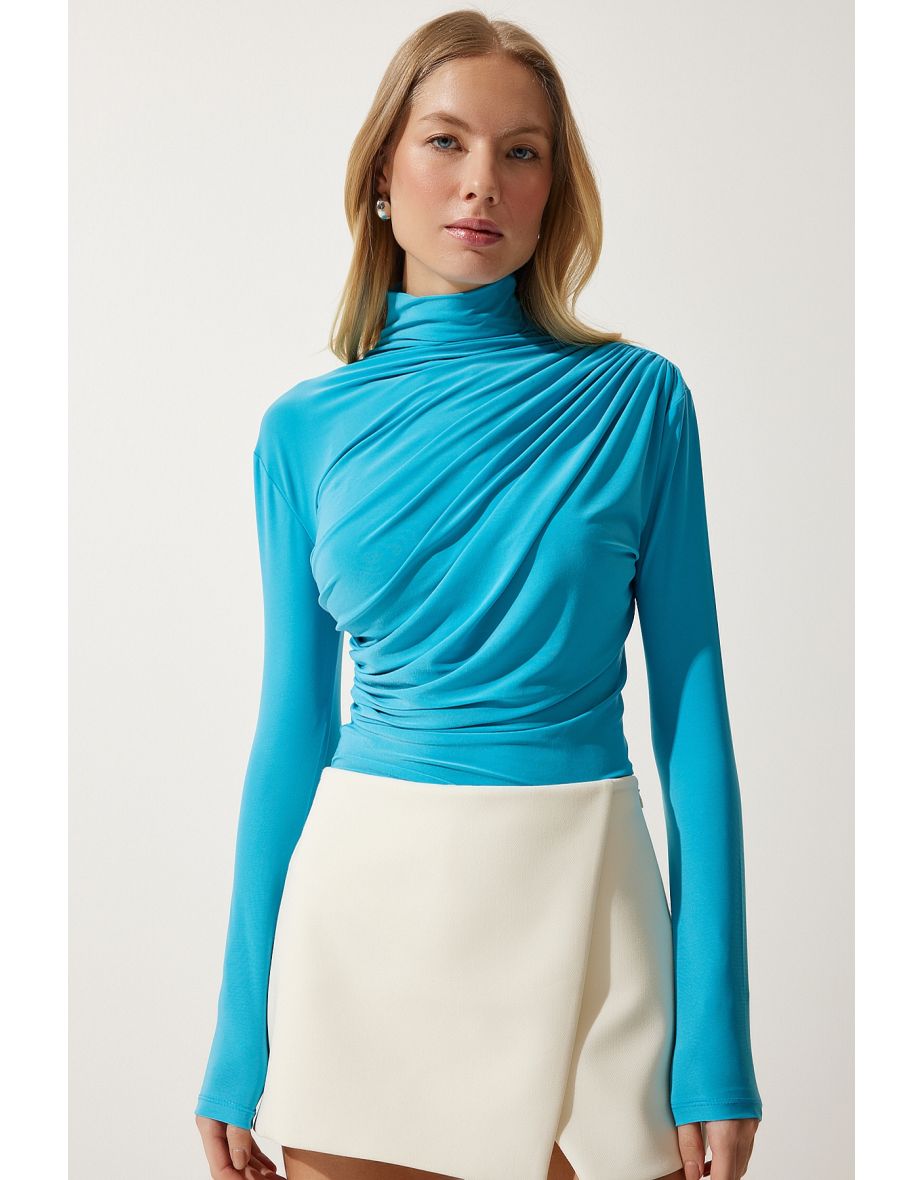 Women's Turquoise Gathered Detailed High Neck Sandy Blouse