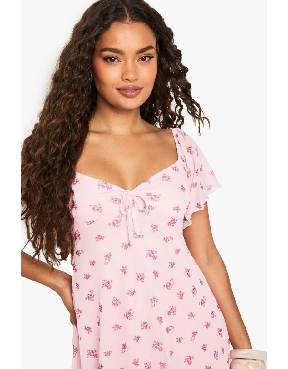 Ditsy Floral Mesh Angel Sleeve Tie Front Mini Dress - light pink - 3