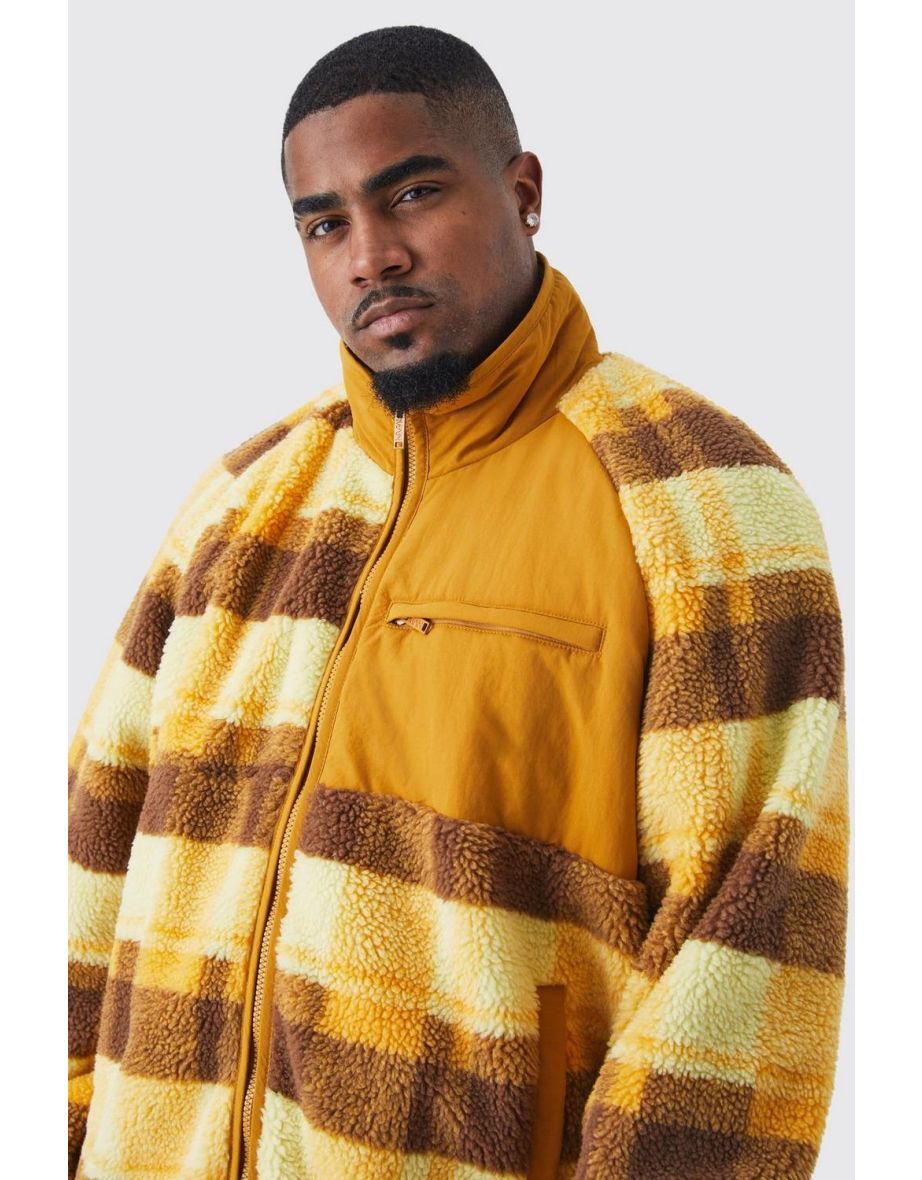 Plus Borg Check Print Jacket With Nylon Panel - yellow - 2