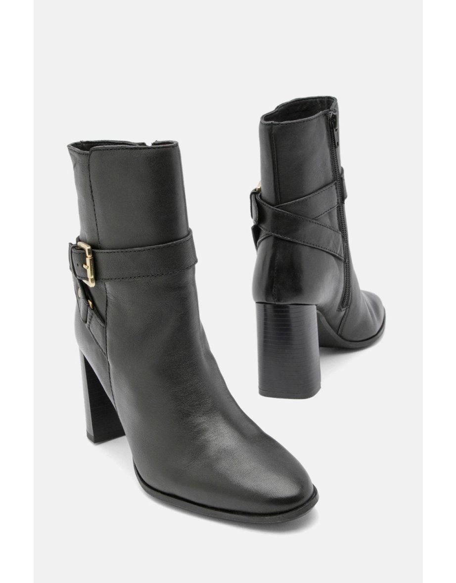 Leather Block Heel Buckle Ankle Boot - 3