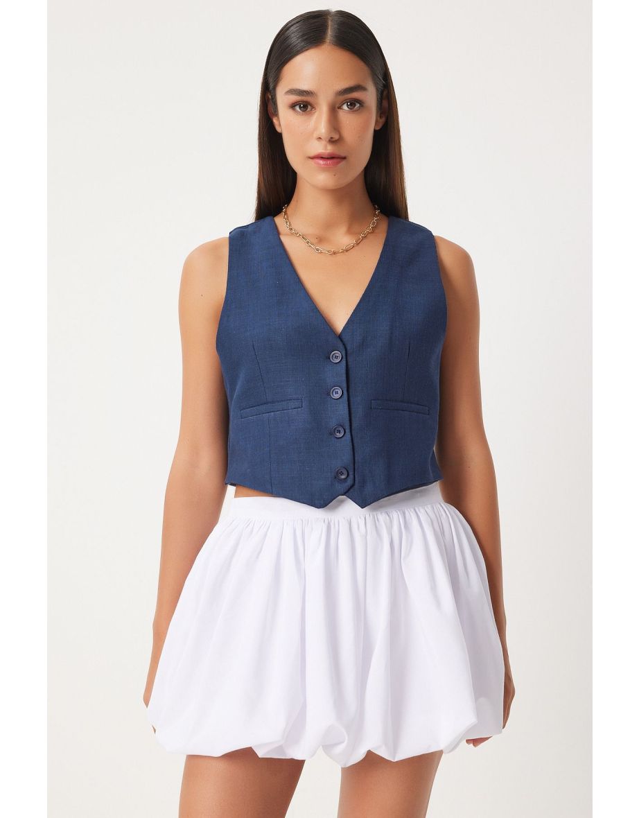Women's Navy Blue Linen Short Waistcoat