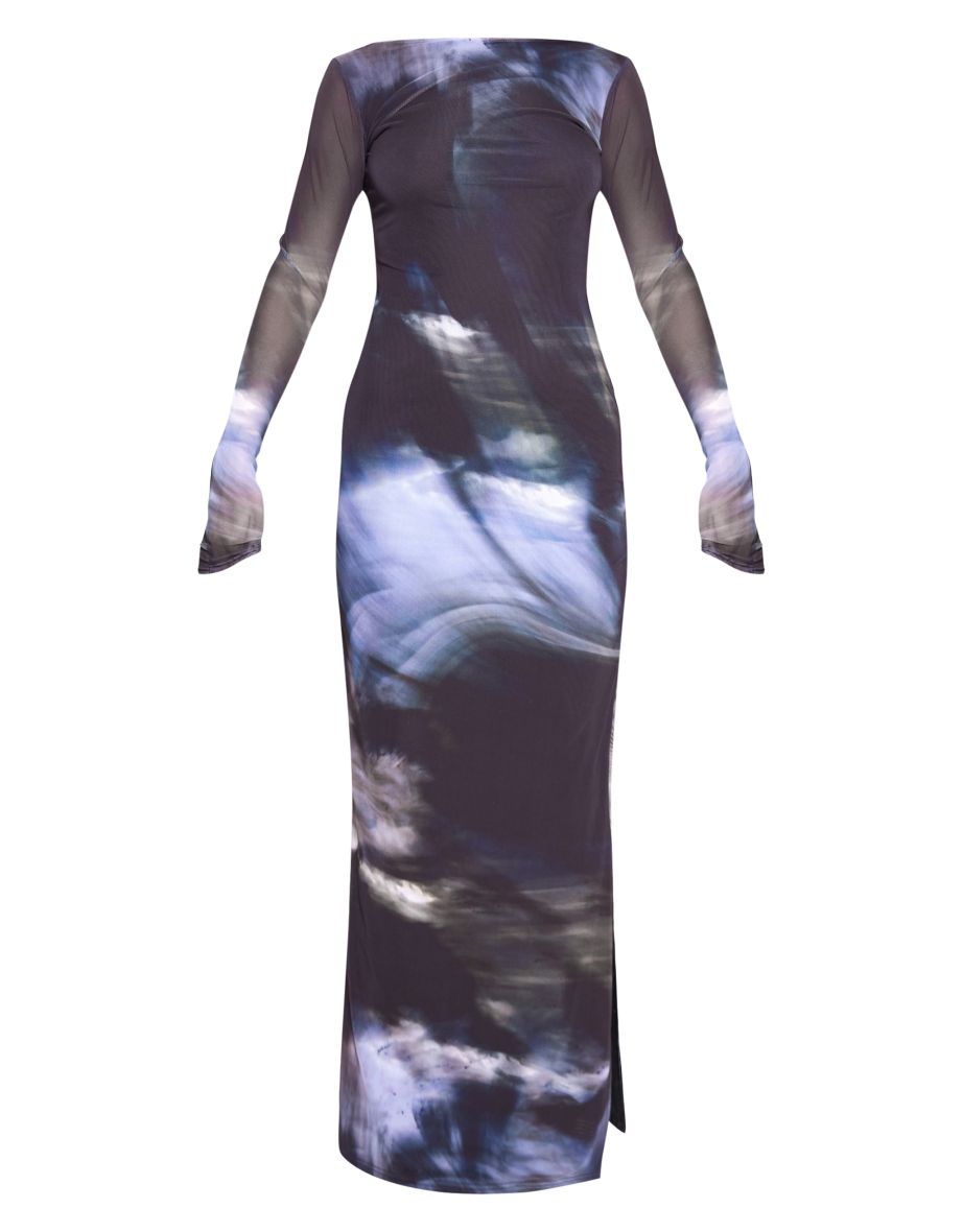 Black Printed Mesh Long Sleeve Maxi Dress - 4