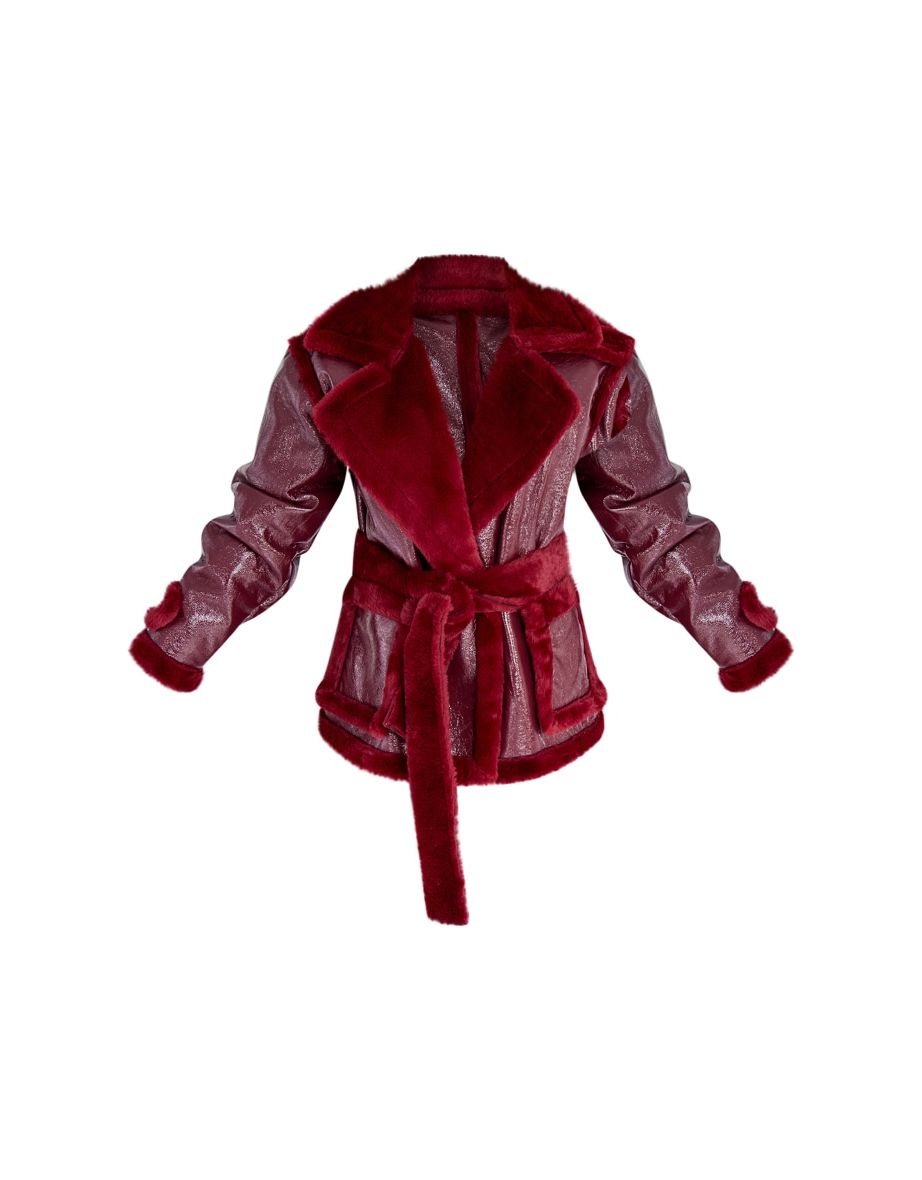 Burgundy Vinyl Faux Fur Lined Belted Coat - 4